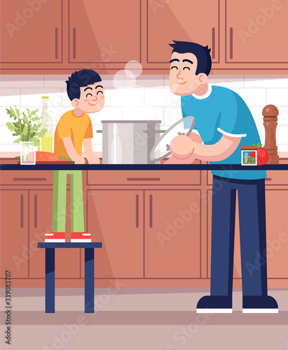 Father and son cooking hot meal together flat vector illustration. Male parent and child inhaling dish aroma, happy family members in kitchen 2D cartoon characters for commercial use