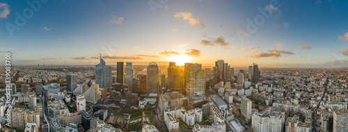 Aerial pano drone shot of La Defense skyscraper complex view from Courbevoie