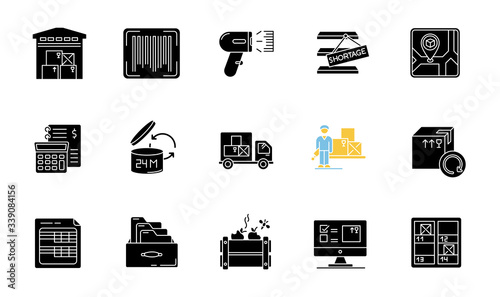 Inventory tracking black glyph icons set on white space. Warehousing, goods receipt and purchase returns. Financial accounting and inventory control. Silhouette symbols. Vector isolated illustration