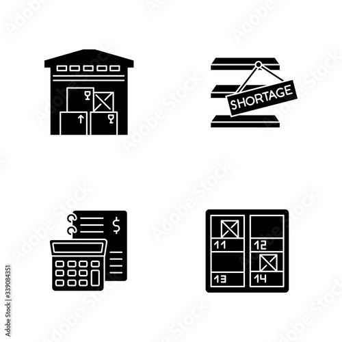 Warehouse management black glyph icons set on white space. Goods counting, shortage identification, bookkeeping. Storekeeping, storage control. Silhouette symbols. Vector isolated illustration