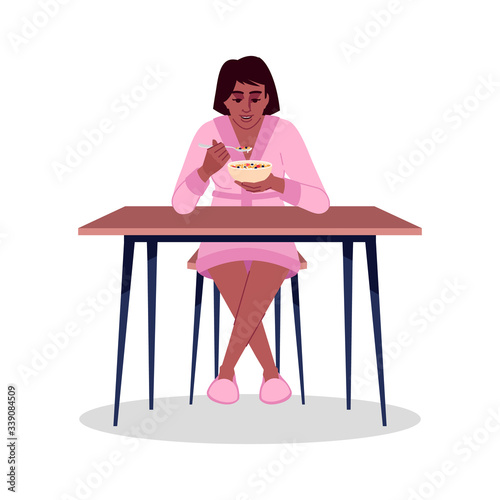 African american girl eating cereals semi flat RGB color vector illustration. Healthy and delicious breakfast. Young woman enjoying muesli with milk isolated cartoon character on white background