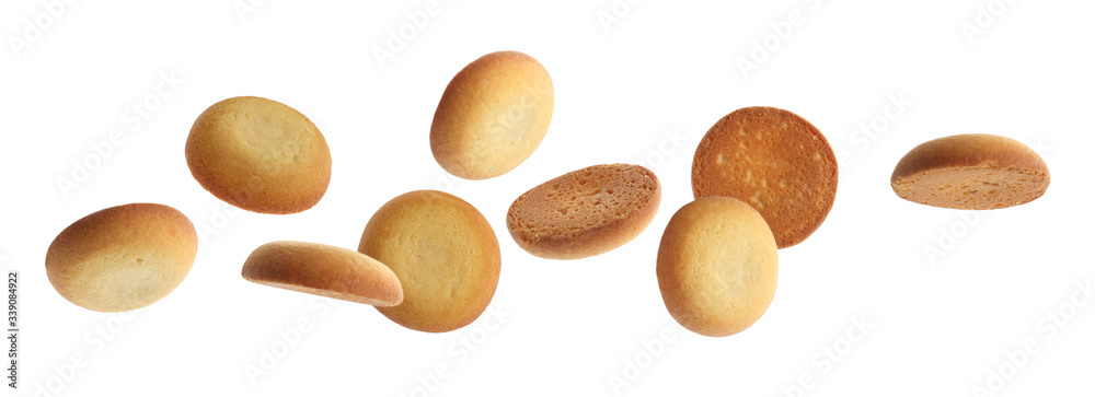 Set of falling delicious shortbread cookies on white background. Banner design Set of falling delicious shortbread cookies on white background. Banner design
