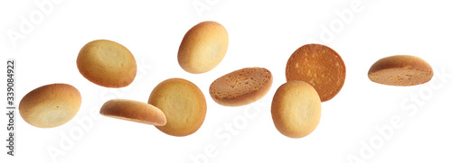 Set of falling delicious shortbread cookies on white background. Banner design