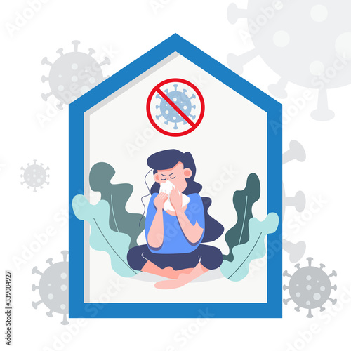 Woman getting sick. Stay home save life concept. Covid-19 coronavirus pandemic outbreak. Health care and medical vector.