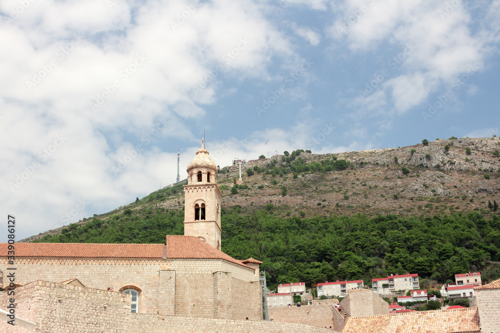 Dubrovnik old town city view, old castle view, Ancient fortress view and houses, a castle on the sea bay, hand made walls build with old bricks and stones, Croatia