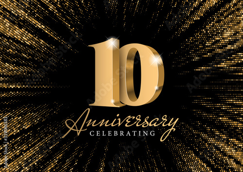 Anniversary 10. gold 3d numbers. Against the backdrop of a stylish flash of gold sparkling from the center on a black background. Poster template for Celebrating 10th anniversary event party. Vector
