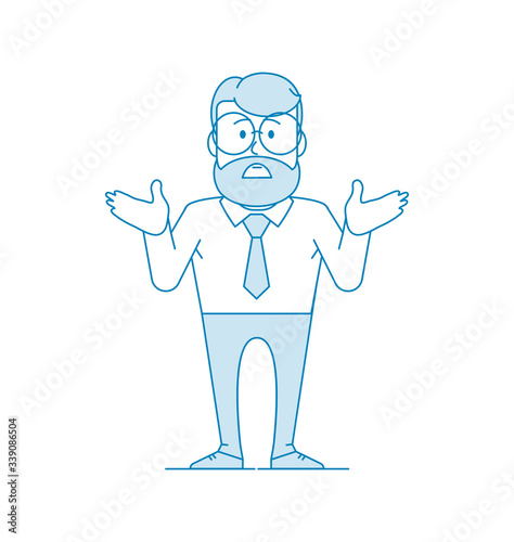 Character is a disgruntled man with glasses and a beard shrugs and spreads his hands in confusion. I can t help, or I can t do anything. Office worker in a tie. Illustration in line art style. Vector