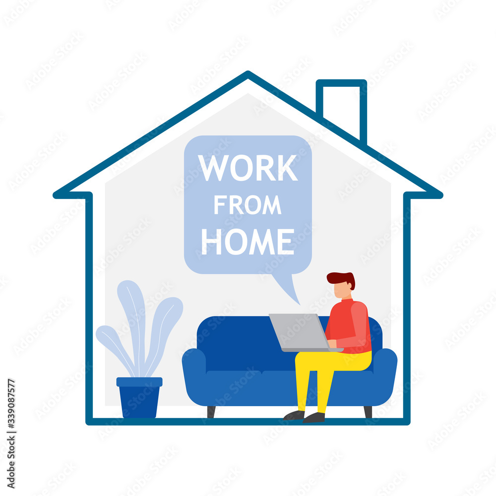 Young man is sitting with laptop on the sofa at home. Work from home. Young man is sitting with laptop on the sofa at home. Work from home.