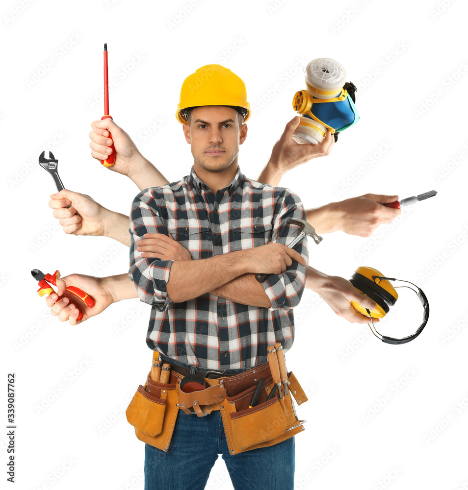 Multitasking concept. Handyman with different tools on white background  Stock Photo | Adobe Stock