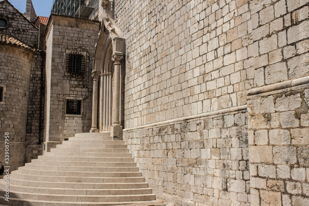 Ancient city view, and stairs of  Dubrovnik old town, walls of old bricks and stones, a beautiful landmark, Croatia