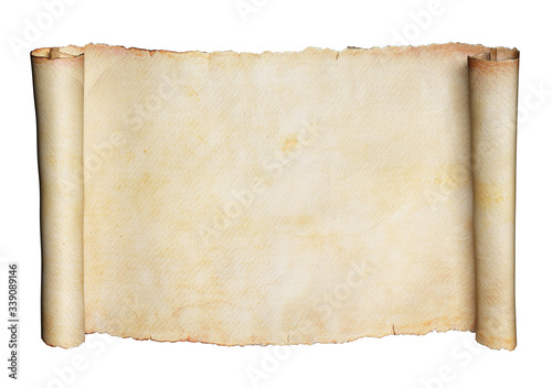 Horizontal paper scroll or manuscript isolated on a white background. Clipping path included.