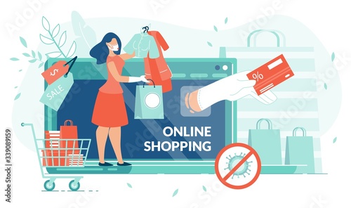 Online Shopping on Covid19 Quarantine, Stay at Home. Self-Isolate. Woman Order Clothes with Sale and Discount. Human Hand Holding Credit Card. Wireless Payment. Tiny People, Laptop, Digital Ecommerce