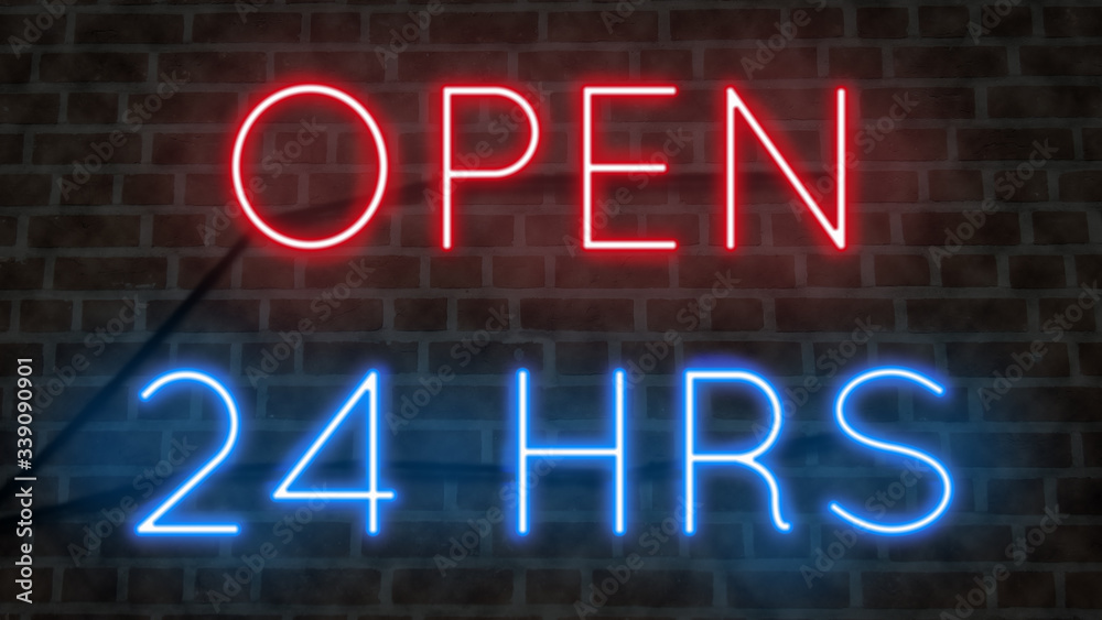Neon sign on a brick wall OPEN 24 HRS Neon sign on a brick wall OPEN 24 HRS