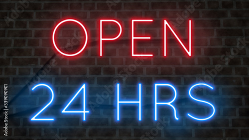 Neon sign on a brick wall OPEN 24 HRS