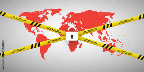Global Lockdown, Sealed World - Vector Design Concept with World Map, Cordon Tape and Padlock