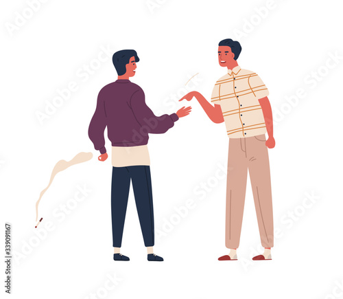 Furious father scold teenager son to smoking cigarette vector flat illustration