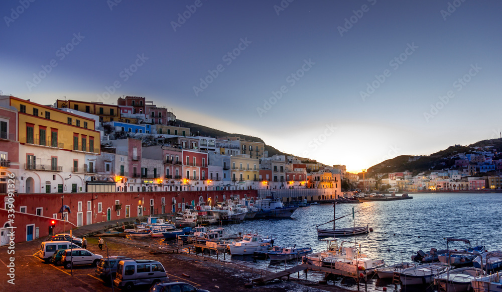 ponza italy February 23 2015 harbour at sunset and boat