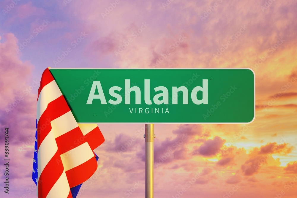 Ashland Virginia. Road or Town Sign. Flag of the united states. Blue
