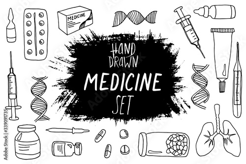 hand drawn vector set on a medical theme in doodle style: medicine, tablet, capsule, syringe, tube, ointment, box, packaging, dna, rna, molecule, spiral, lungs, thermometer, jar of capsules, dropper,
