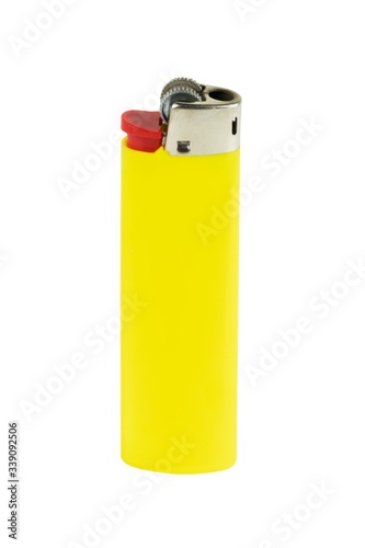 bright yellow lighter with red button close-up isolated on a white background