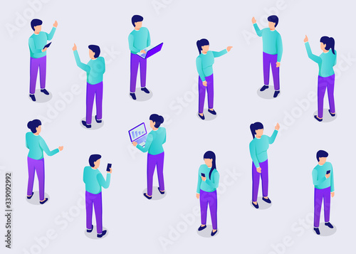 people set collection with various work position use laptop and smartphone with modern isometric style