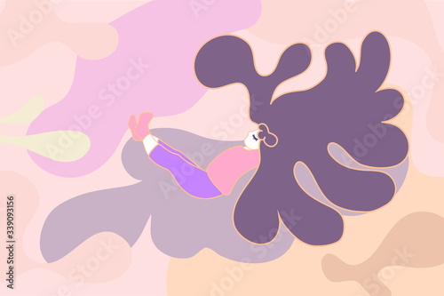 The girl in pajamas sleeps with his hands under his head. Flat style smooth lines. The concept of rest, relaxation, serenity, in pastel colors. Vector illustration of home holiday