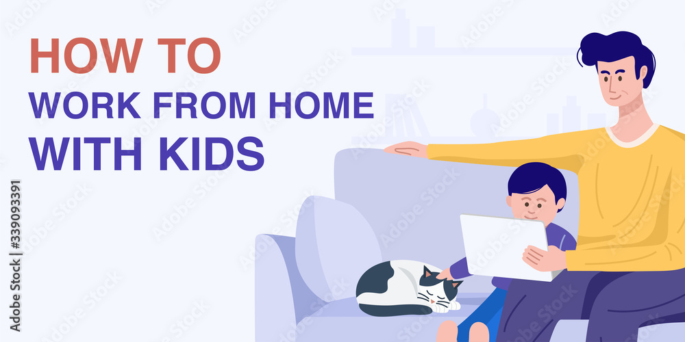 Illustration of father and son sitting on sofa and using laptop at home. Vector