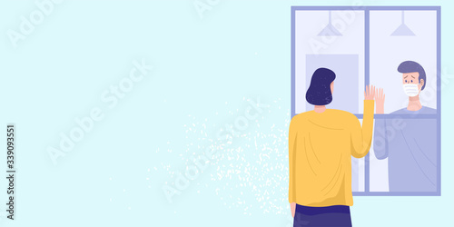 Self-Isolation concept. A man meeting his girlfriend through glass window amid coronavirus pandemic. Vector