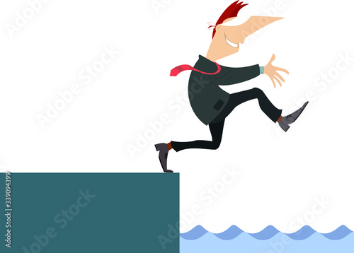 Blindfolded man walking towards the precipice with underneath water illustration. Blindfolded man walks to the edge of the precipice isolated on white
