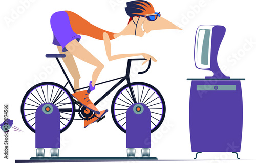 Cyclist trains at home on the exercise bike illustration. Cyclist rides on exercise bike in front of TV or computer isolated on white

