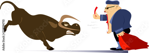 Cartoon bullfighter shows a red card to the angry bull illustration. Cartoon bullfighter with matador cape and sword stands on the   slaughtered bull isolated on white illustration
