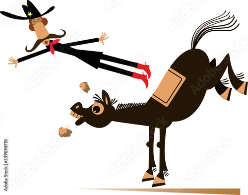 Cartoon rider falls from the horse isolated illustration. Funny long mustache man or cowboy falling down from the horse isolated on white 
