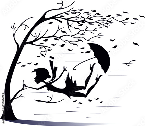 Strong wind and woman snatches up the tree illustration. Strong wind, flying leaves, umbrella and woman tries to keep her life grasping a tree black on white silhouette
