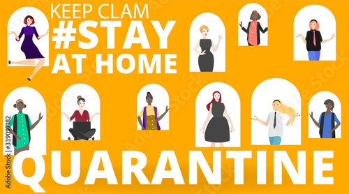 Vector Coronavirus prevention campaign of stay at home and we are stronger together slogan women, female from windows.