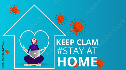 Vector Coronavirus prevention campaign of stay at home and we are stronger together slogan woman, female with laptop and home icon