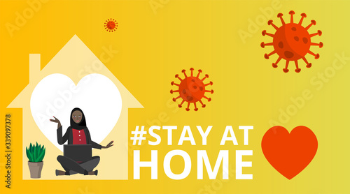 Vector Coronavirus prevention campaign of stay at home and we are stronger together slogan woman, female with laptop and home icon