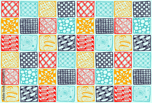 Colored squares with different patterns inside. Tile with illustrations.