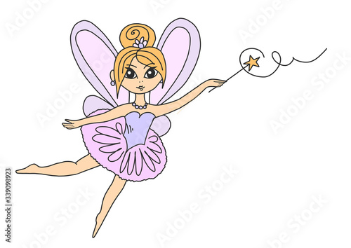 Little cute fairy in a pink dress with wings and a magic wand. Illustration clip-art fairy tale girl outlined on a white background. Cute girl in cartoon style for printing on t-shirts