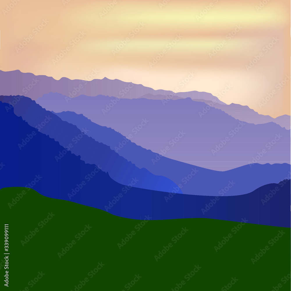 Vector illustration of a landscape with a silhouette of mountains at sunset.