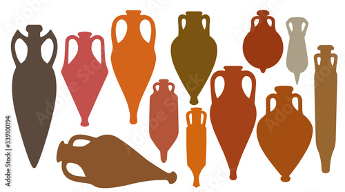 Collection  of diverse silhouettes of ancient Greek amphoras..Vector   illustration of various amphorae for storing olive oil.  Clipart.