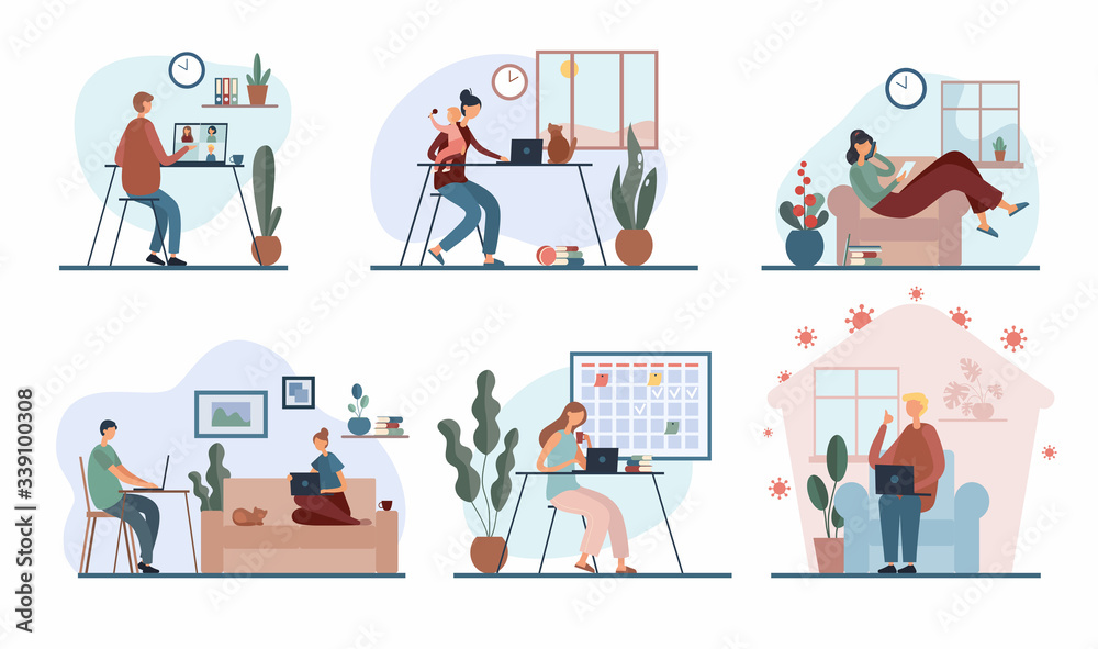 Set of cartoon people working remotely from home