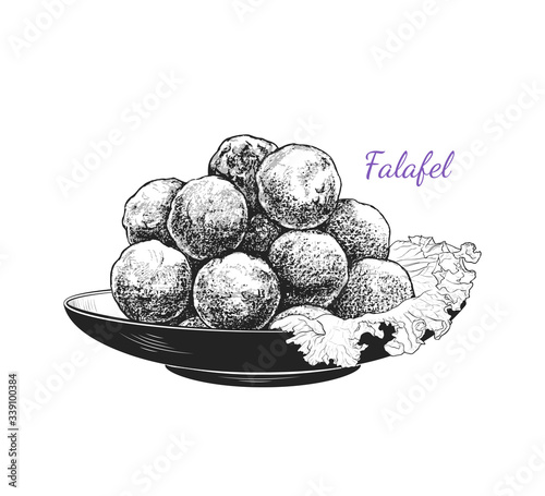 . .Sketch of falafel. Falafel with a leaf of lettuce on a plate. Vector illustration of Middle Eastern cuisine.