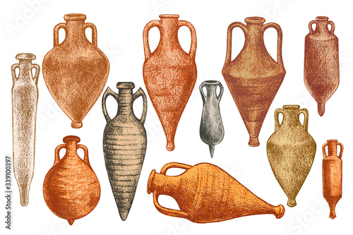 .Collection of images of diverse ancient Greek amphorae..Vector  hand drawn illustration of various amphorae for storing olive oil. Clipart.