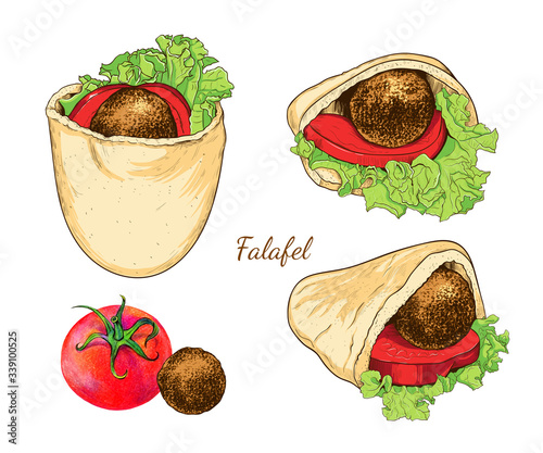 ..Pita with falafel and vegetables. A set of various sketches of falafel in pita.  Color vector illustration of Middle Eastern cuisine.