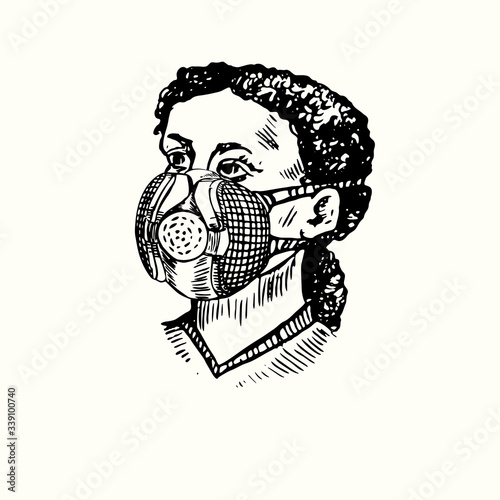 Girl wearing P100 respirator isolated, outline simple doodle drawing photo