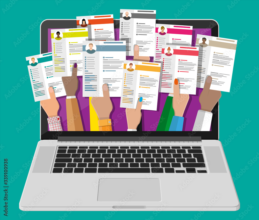 Job resume document out from laptop. Hands holding cv resume papers. Human resources management concept, searching professional staff, work. Found right resume. Vector illustration in flat style