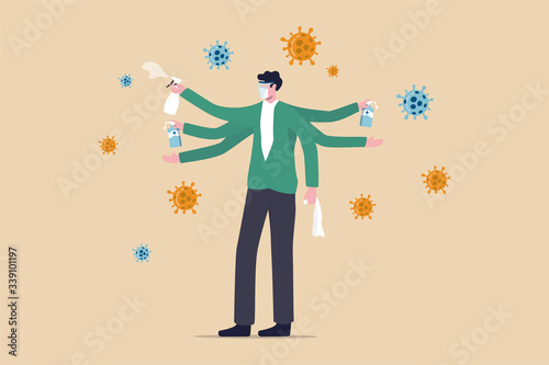 Washing, sanitise your hands and clean surface to protect Coronavirus COVID-19 infection concept, healthy man with multiple hands using alcohol gel to wash his hands and sanitiser to clean surface.