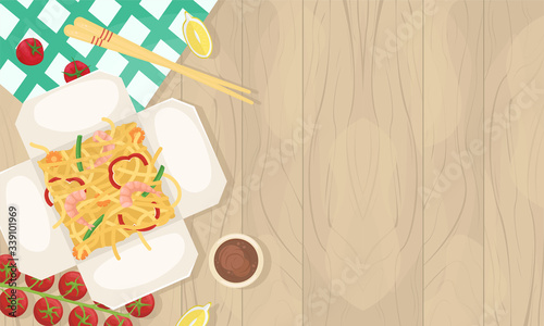 Delivery of Chinese food in boxes to your home. Asian food in boxes. Fried noodles with shrimp and vegetables. Flat lay illustration.