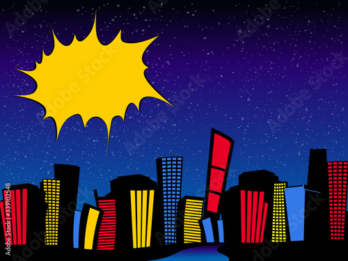 comics style cityscape by night and copy space