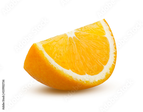 Orange Slice on White Background. Sliced Orange Isolated. Full Depth of Field. Orange Closeup. Perfectly Retouched Citrus Fruit